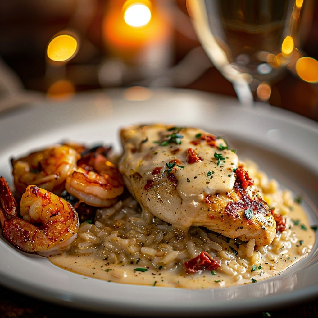 Marry Me Chicken & New Orleans–Style BBQ Shrimp with Creamy Parmesan Risotto