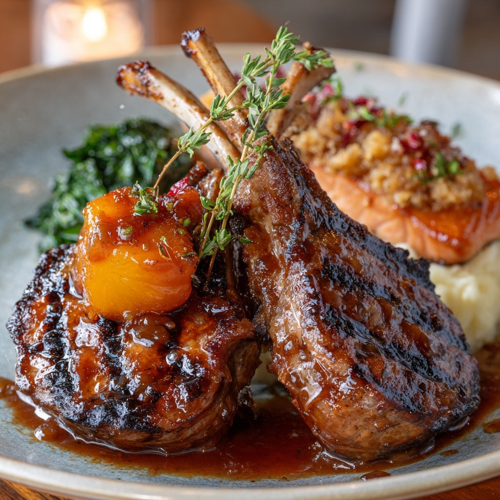 Peach-Glazed Lamb Chops with Seafood-Stuffed Salmon
